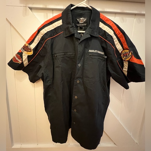 Harley-Davidson Black and Men’s Cotton Orange Button-Up Shirt with Patches - Picture 1 of 10